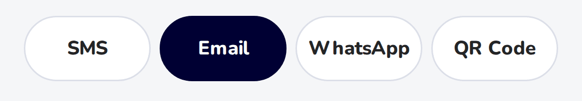Get Reviews in the HiFiveStar app: SMS, Email, WhatsApp and QR Code tabs, with Email picked