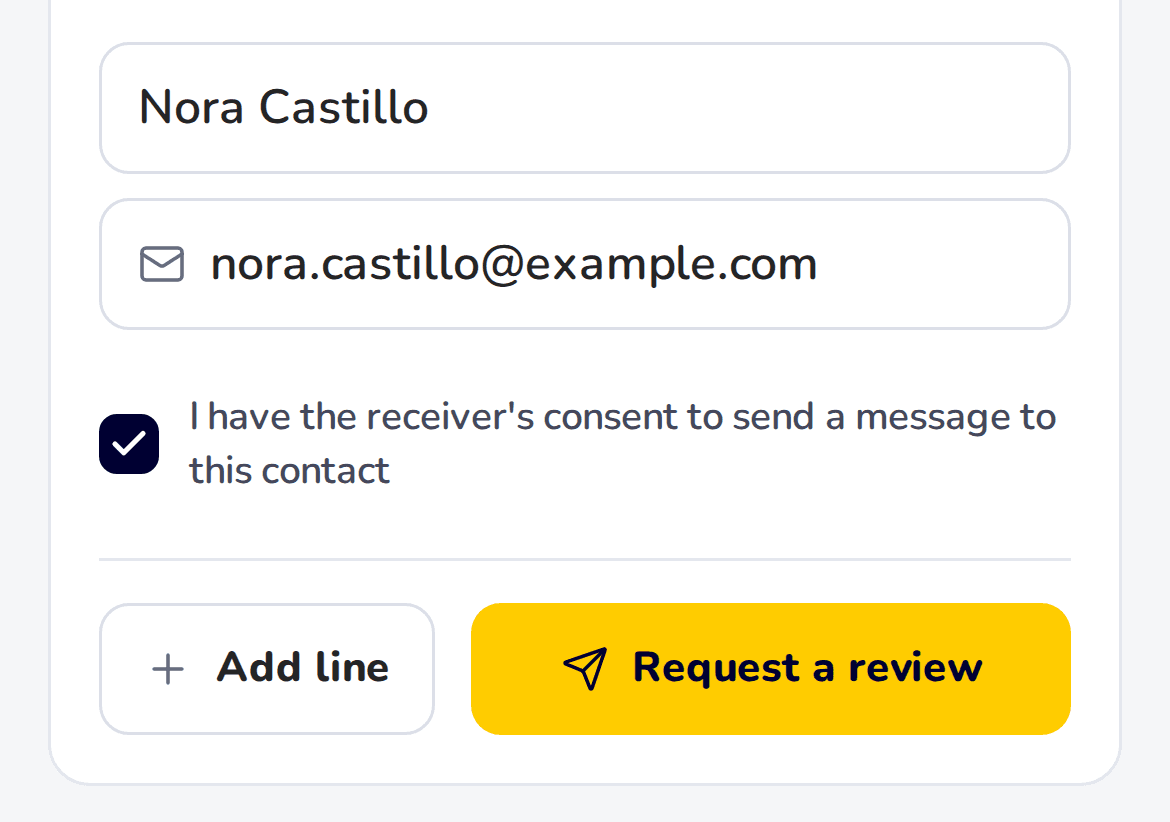 A review request filled in for Nora Castillo by email, with the consent box ticked and the Request a review button