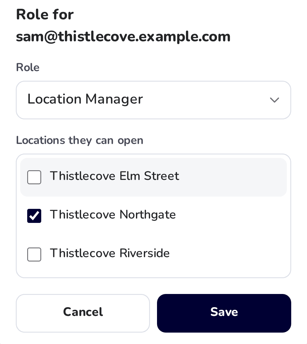 The role for sam@thistlecove.example.com: Location Manager, with only Thistlecove Northgate ticked under Locations they can open