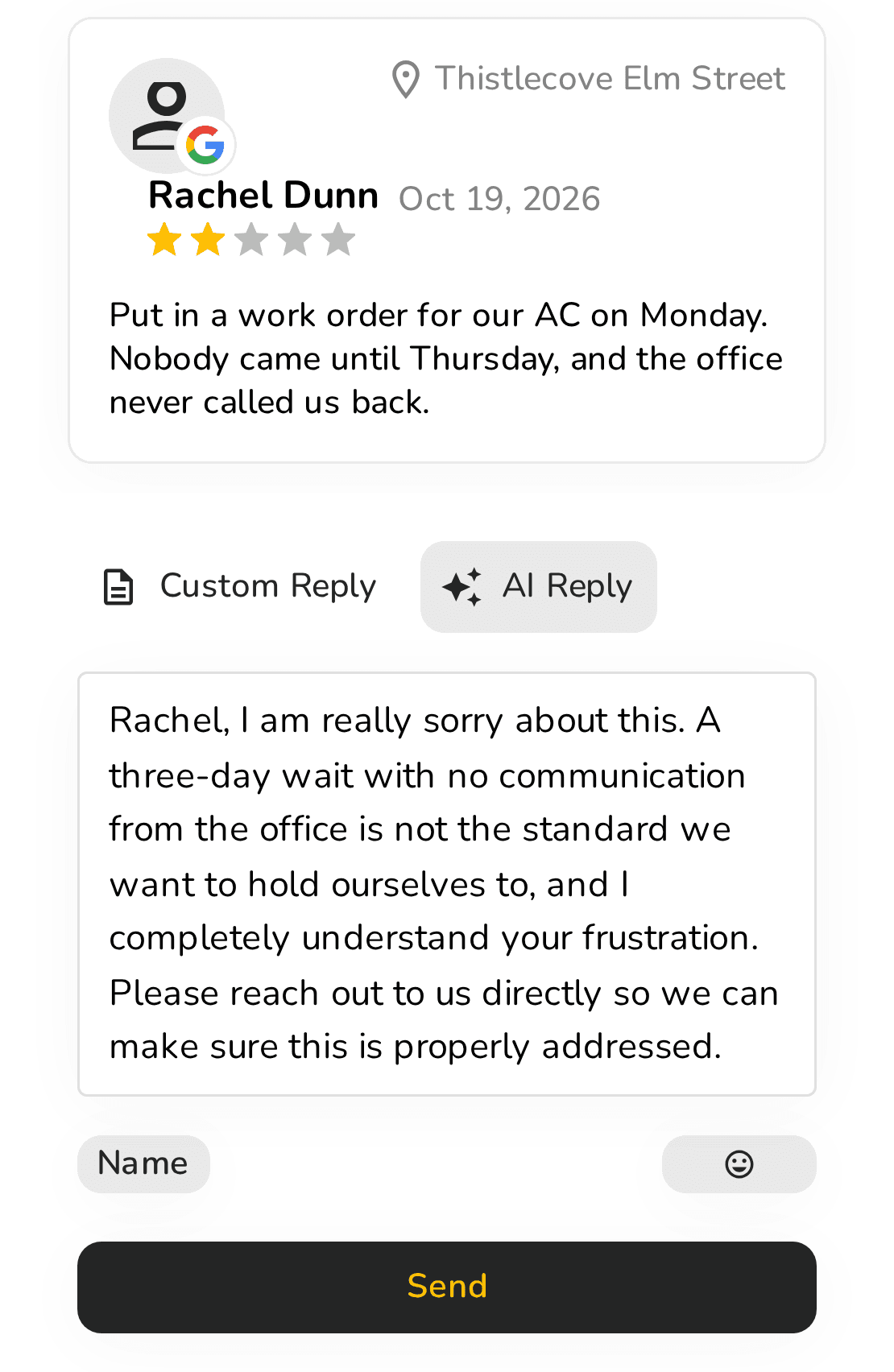 Rachel Dunn’s two-star Google review of Thistlecove Elm Street, about an AC work order nobody came for until Thursday, above the reply HiFiveStar drafted for her and the Send button