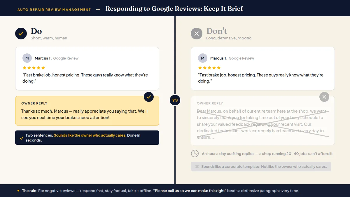 Side by side do and don't examples of short versus long auto shop review reply texts