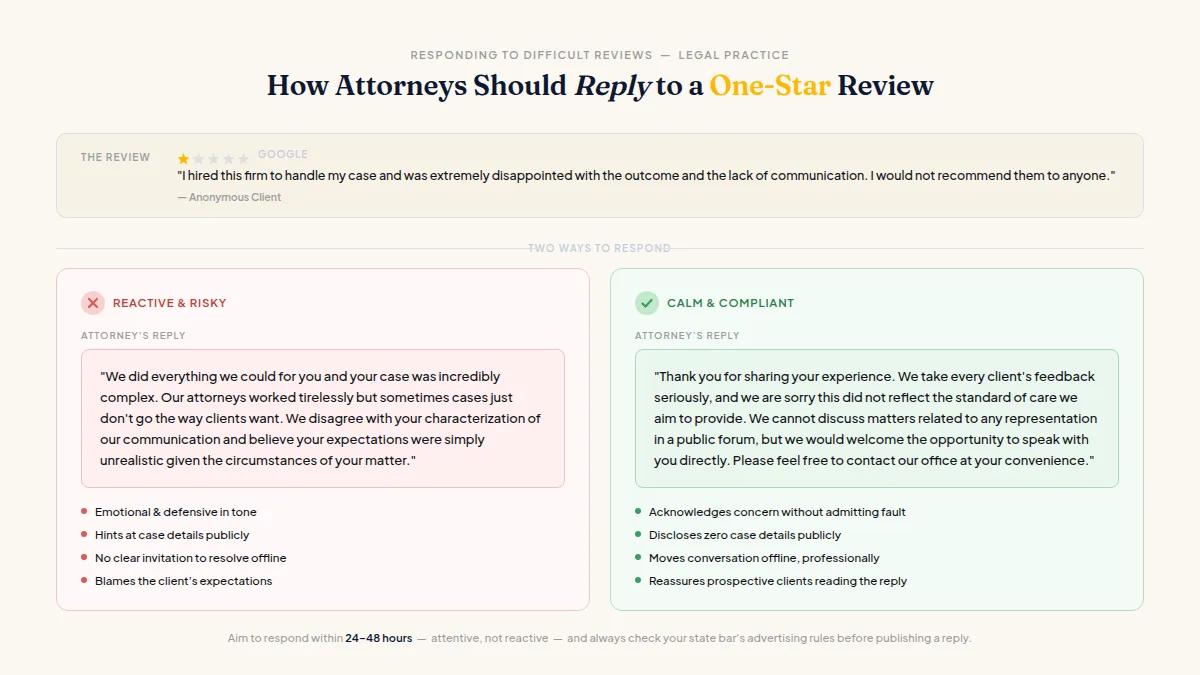 Side-by-side example of a vague law firm reply versus a professional compliant response to a review