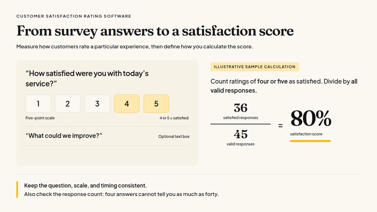 Example satisfaction survey and calculation showing thirty six satisfied responses out of forty.