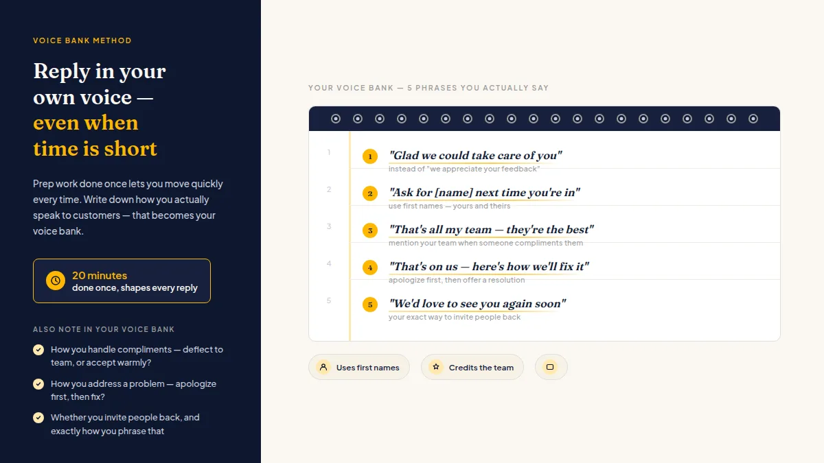 A notebook open to handwritten personal phrases and words forming a reusable voice bank for reviews