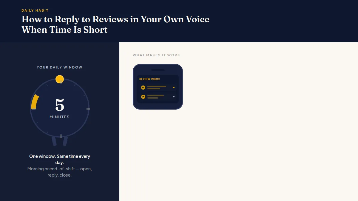 A five-minute timer beside a phone screen showing three completed review replies sent quickly