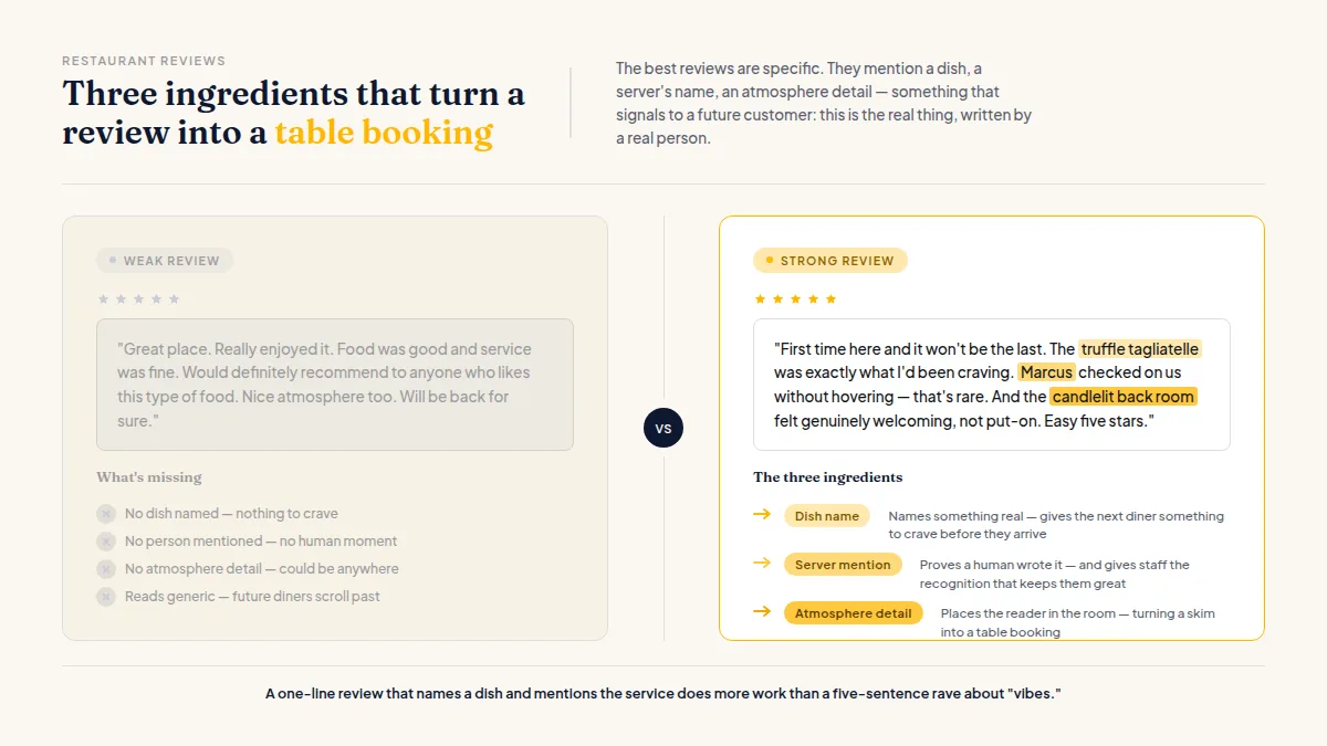 Side-by-side comparison of a vague review versus a specific review mentioning dish and server