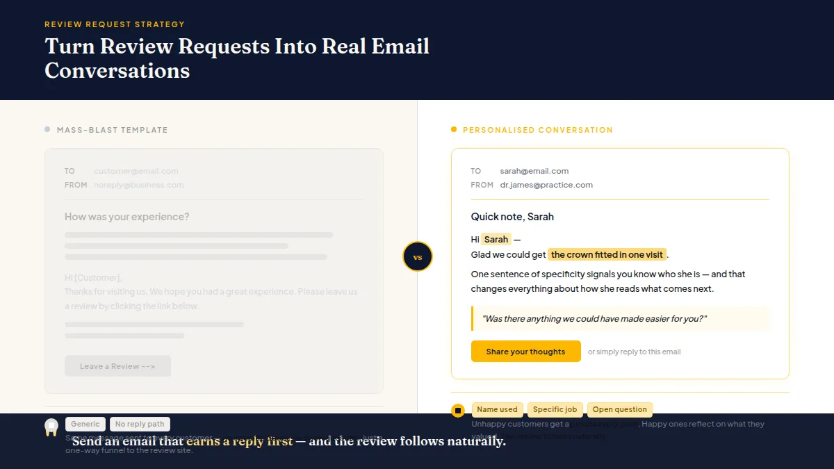 A generic form letter fading out while a personalized handwritten note fades in beside it.